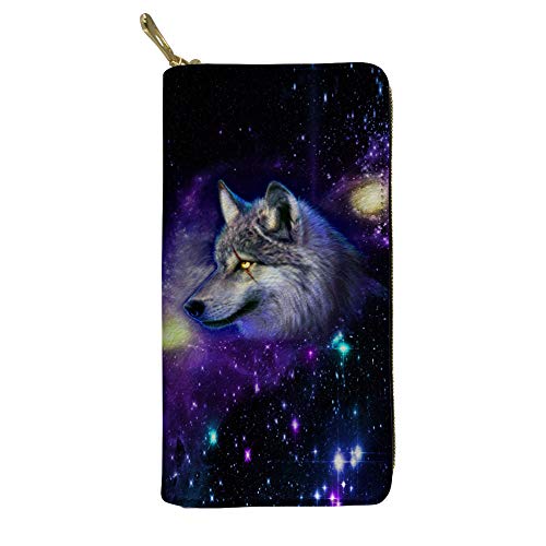 FJQWKLF Damen-Brieftasche mit Galaxy Space Wolf-Aufdruck, strapazierfähiges langes Leder-Geldbörse, wasserdichter Kartenhalter mit Reißverschluss von FJQWKLF