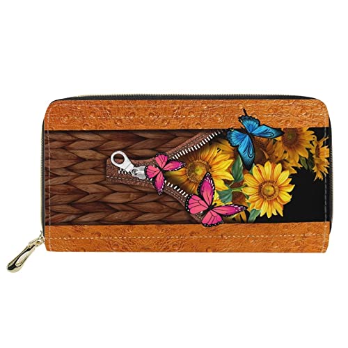 FJQWKLF Damen Geldbörse PU-Leder Tasche Reißverschluss um Kreditkartenhalter Organizer Lange Kupplung Handtasche Print Sonnenblume Schmetterling von FJQWKLF