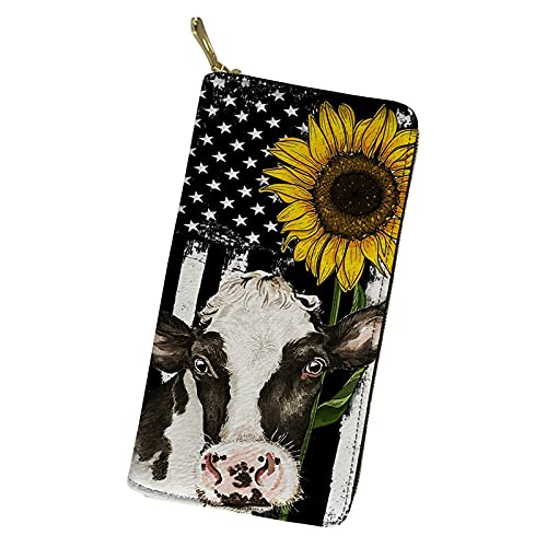 FJQWKLF Damen-Geldbörse mit Sonnenblumen-Kuh und amerikanischer Flagge, mit Autofächern, Geldscheinklammern, Langer Geldbeutel, Kartenhalter von FJQWKLF