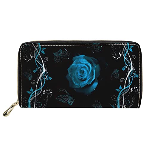 FJQWKLF Damen-Geldbörse mit langem Reißverschluss, Blaue Rose, Blume, Bling-Design, Mädchen, Damen, lässig, Reise, Ledergeldbörse von FJQWKLF