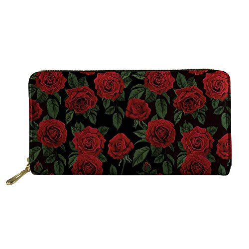 FJQWKLF Damen-Geldbörsen im Vintage-Stil mit rotem Rosendruck, PU-Leder-Clutch-Karten-Geldbörse, Lange Reißverschluss-Organizer-Geldbörse für den Muttertag von FJQWKLF
