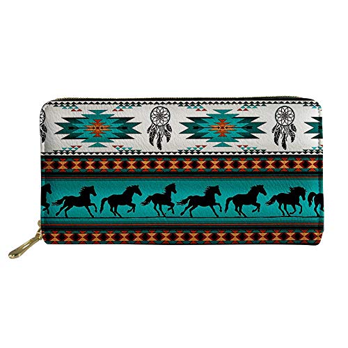 FJQWKLF Damen-Geldbörsen mit südwestlichem aztekischem Pferdedruck, große Kapazität, strapazierfähige Clutch-Geldbörse mit Reißverschluss, Kartenhalter aus PU-Leder von FJQWKLF