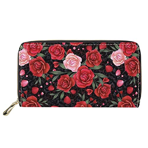 FJQWKLF Damen Handtaschen für Reisen Leichte Vintage Rote Rose Blumendruck Mode Leder Geldbörse von FJQWKLF