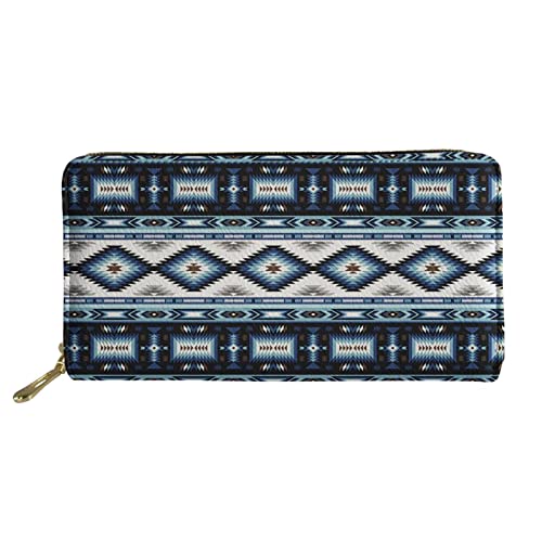 FJQWKLF Damen PU-Leder Kleine Geldbörse Blau Aztec Ethnic Geometric Print Lange Geldbörse Kartenhalter Zip Clutch von FJQWKLF