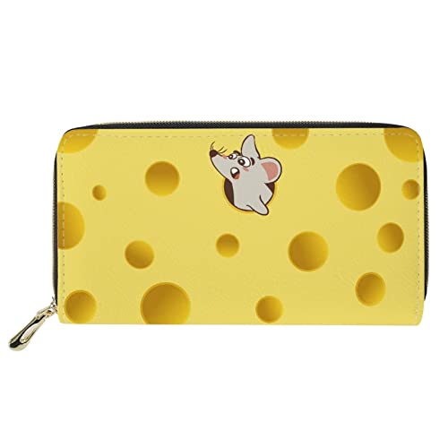 FJQWKLF Damen-Reisebrieftasche aus PU-Leder, Kreditkartenetui, Lange Geldbörse mit Reißverschluss mit Käse-Maus-Muster von FJQWKLF