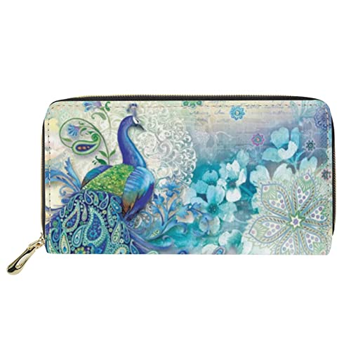 FJQWKLF Damenmode-Brieftasche mit Tierpfauenmuster, leichte tragbare Lange Brieftasche mit Reißverschluss-Clutch-Tasche, schmale Geldbörse aus PU-Leder mit Kartenfächern von FJQWKLF