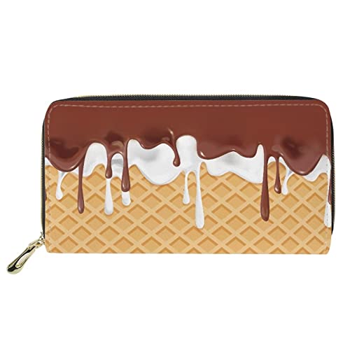 FJQWKLF Eiscreme-Muster mit Damen-Leder-Geldbörsen, Lange Handtasche für Damen, Mädchen, Geldscheinklammer, Telefonkartenhalter mit Reißverschluss von FJQWKLF