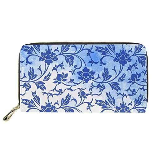 FJQWKLF Elegante Clutch-Geldbörse für Damen Mädchen Blaues Blumen-Design Wasserdichtes Kreditkartenetui Reisegeldbörse mit Reißverschluss von FJQWKLF