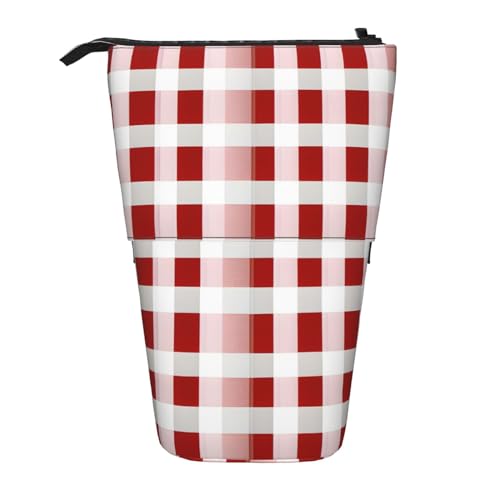FJQWKLF Federmäppchen zum Aufstellen mit rotem, kariertem und weißem Quadrat-Print, Pop-Up-Stiftetasche, Teleskop-Federmäppchen, Stifthalter, Schreibwarenetui, Schminktasche von FJQWKLF