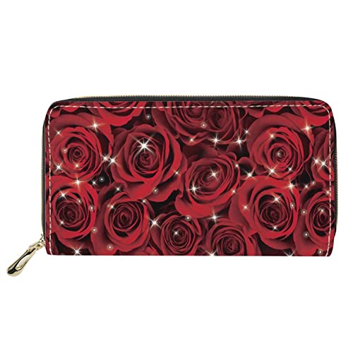 FJQWKLF Floral Damen Handtaschen Reißverschluss Geldbörse Rote Rose Print PU Leder RFID Blocking Wallet von FJQWKLF