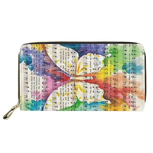 FJQWKLF Frauen-Aquarell-Schmetterlings-Druck-Reise-Shopping-Geldbörse Musikpartitur-Design Lange Telefon-Kupplung Reißverschluss um Kartenhalter-Organizer-Beutel von FJQWKLF
