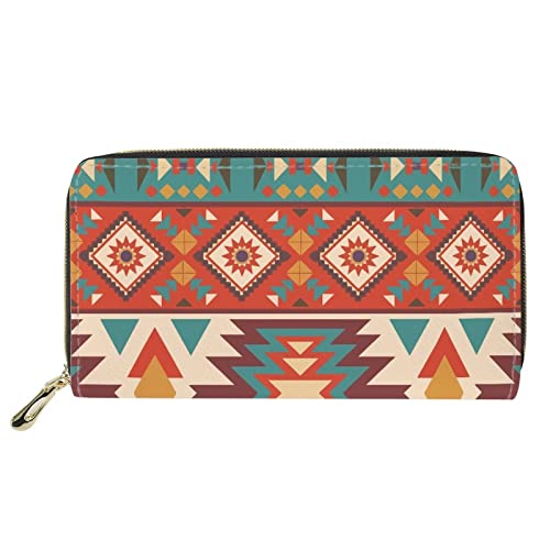 FJQWKLF Frauen-Geldbörse mit geometrischem Druck, südwestliches aztekisches Stammes-Design, PU-Leder, Reise-Kupplung, Geldbörse, Reißverschluss, Kartenetui von FJQWKLF