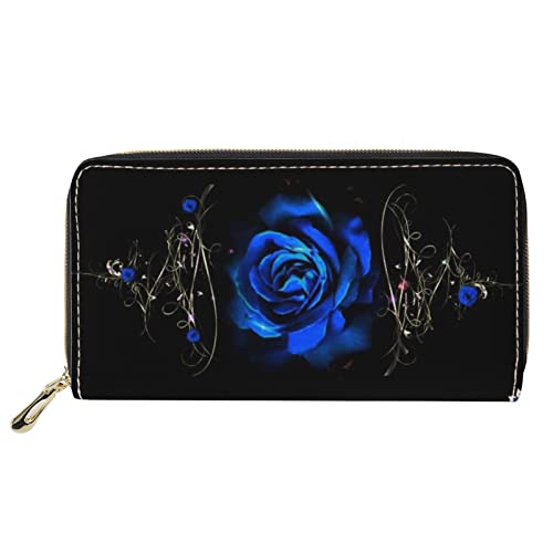 FJQWKLF Frauen-Leder-Kartenhalter Blue Rose Bling Zip Around Reise-Geldbörse für weibliche Handyhülle von FJQWKLF