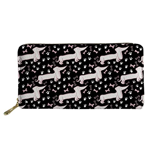 FJQWKLF Frauen-Leder-RFID-blockierende Reisegeldbörse niedlicher Dackel-Knochen-Druck-Mädchen-Geldbörse zum Wechseln von FJQWKLF
