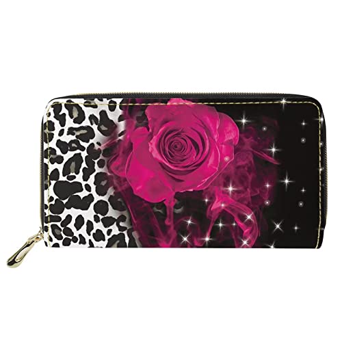 FJQWKLF Frauen Mädchen Lange Kupplung Geldbörse Reißverschluss um PU-Leder Reisegeldbörse Kartenhalter Druck rosa Blume Leopard von FJQWKLF