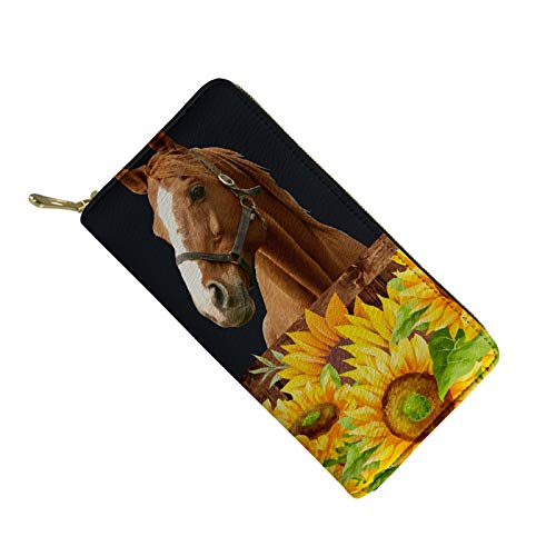 FJQWKLF Frauen Mädchen Leder Geldbörsen Lange Geldbörse Reißverschluss Clutch Bag Kartenhalter Organizer Brown Horse Sunflower von FJQWKLF