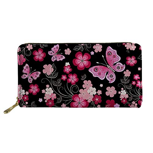 FJQWKLF Frauen Mädchen Leder Geldbörsen Lange Geldbörse Reißverschluss Clutch Tasche Kartenhalter Organizer Rosa Schmetterling von FJQWKLF