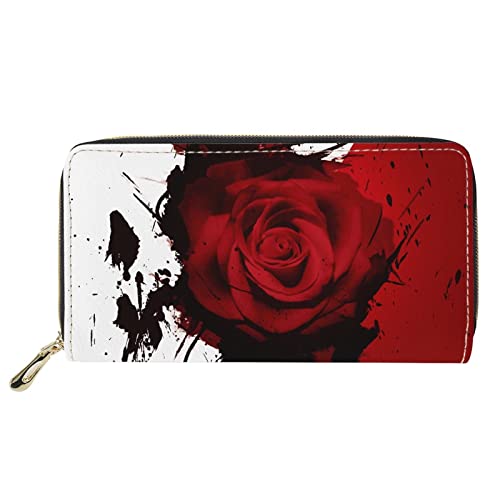 FJQWKLF Frauen-Weinlese-rote Rosen-Druck-Lange Leder-Mappen-Mode-Telefon-Taschen-Pass-Karten-Halter von FJQWKLF