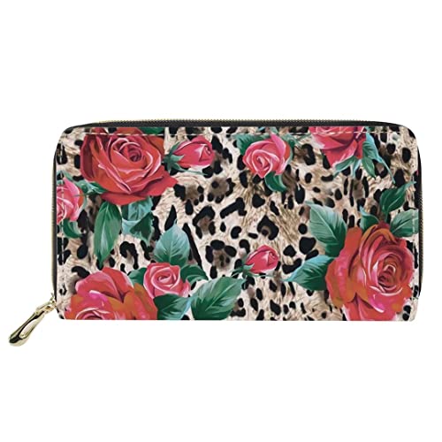FJQWKLF Frauen-beiläufige Handtaschen-Geldbeutel-klassischer Leopard-rote Rosen-Druck-Mädchen-PU-Leder-Beutel-Geldbörse von FJQWKLF