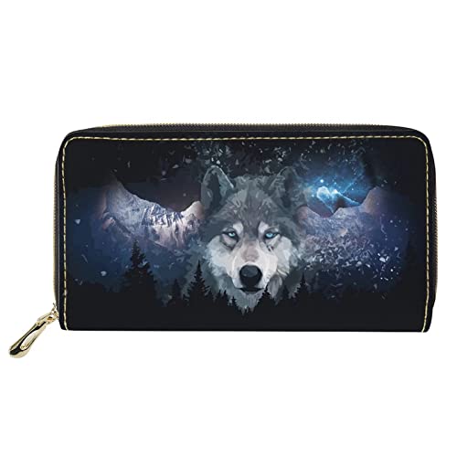 FJQWKLF Galaxy Space Wolf Print Damen Geldbörse Reißverschluss um Kreditkartenetui Kupplung Lange Leder Reisegeldbörse von FJQWKLF