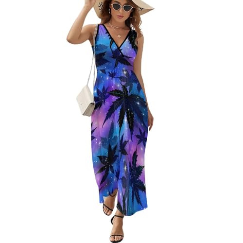 FJQWKLF Galaxy Weed Leaves Damen-Kleid, ärmellos, Strand, Sommerkleid, V-Ausschnitt, langes Kleid, lässige Maxikleider, XX-Large von FJQWKLF