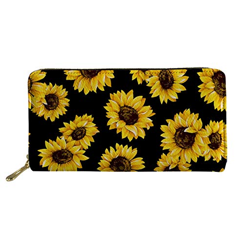 FJQWKLF Gelbe Sunflwoers-Druck-Mode-Leder-Geldbörsen, Frauen-Mädchen-Lange dünne Geldbörse mit Kartenfächern Reißverschluss-Kupplungs-Geld-Organizer-Tasche für Reisen im Freien von FJQWKLF