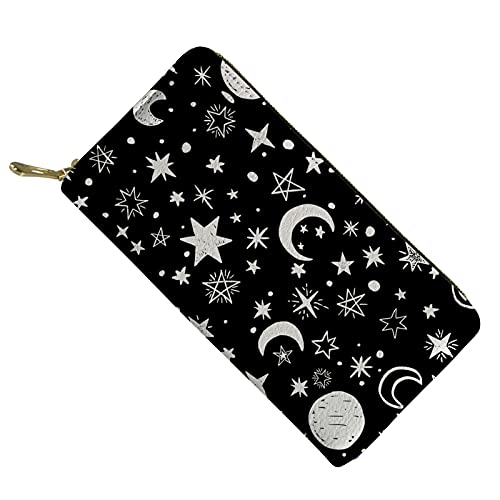 FJQWKLF Geldbörse aus Leder, Münzgeldbörse, Kosmetiktasche, Make-up-Tasche, Handy-Geldbörse, RFID-Blockierung, Reißverschlusstasche, Brieftasche, Kartenetui, Mond und Stern von FJQWKLF