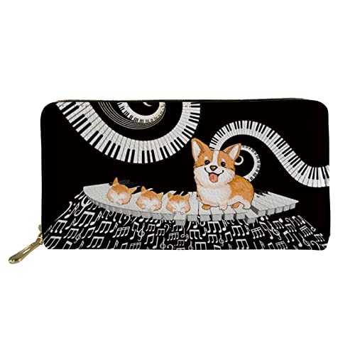 FJQWKLF Geldbörse für Damen und Mädchen, süßer Corgi mit Klavier-Musiknotenmuster, Langer Kartenhalter, Geldbörsen mit Reißverschluss um die Geldtasche von FJQWKLF