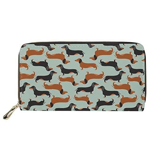 FJQWKLF Geldbörse mit Dackelmuster für Mädchen und Frauen, Leder, Lange, schlanke Geldbörse mit Reißverschluss, leichte Handtasche mit Reißverschluss um die Handtasche für den Außenbereich, Grün von FJQWKLF