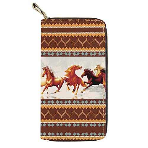 FJQWKLF Geldbörse mit aztekischem Tribal-Pferdemuster für Damen, langes Leder, schlankes Kreditkartenetui, Kupplung, Handtasche, Reißverschluss um die Geldbörse für Mädchen und Damen von FJQWKLF