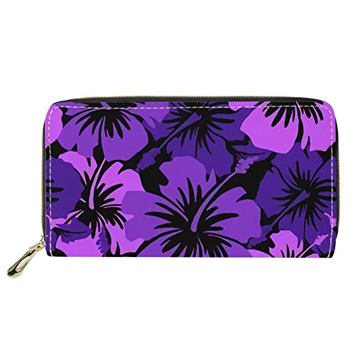 FJQWKLF Hibiscus Floral Print Fashion Wallet for Women, Portable Casual Clutch Bag Long Slim Wallet with Zipper, Lightweight Durable Coin Purse with Zipper, Purple von FJQWKLF