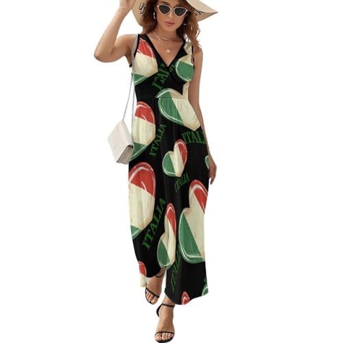 FJQWKLF Italia Flagge Italien Italienisches Herz Vintage Damen Ärmelloses Kleid Strand Sommerkleid V-Ausschnitt Langes Kleid Lässige Maxikleider Groß von FJQWKLF