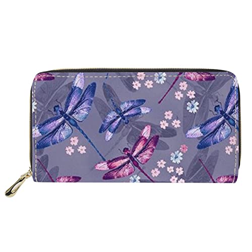 FJQWKLF Kreditkartenetui für Frauen Leder Clutch Geldbörse Handyhalter Handtasche Lila Libelle Blumendruck von FJQWKLF