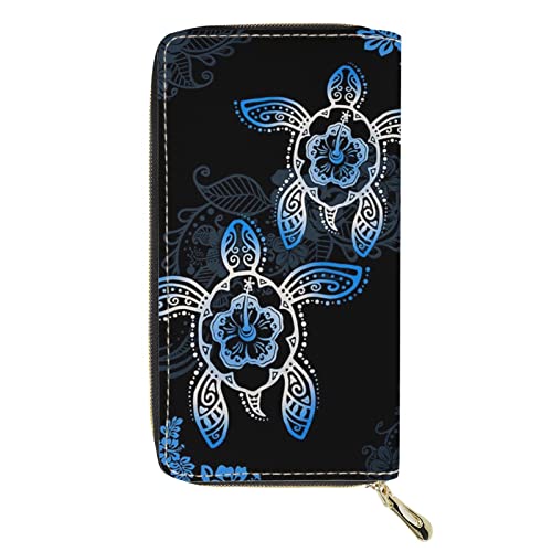 FJQWKLF Lange Brieftasche mit polynesischem Schildkröten-Print für Damen, tragbare Handtasche aus PU-Leder mit Reißverschluss rundherum, Shopping-Reise-Kreditkarten-Telefon-Geldbörse von FJQWKLF