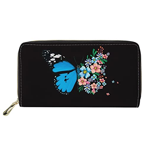 FJQWKLF Lange Clutch-Geldbörse aus PU-Leder mit Reißverschluss um die große Reise-Geldbörse mit blauem Blumen-Schmetterlings-Schwarz für Damen und Mädchen von FJQWKLF