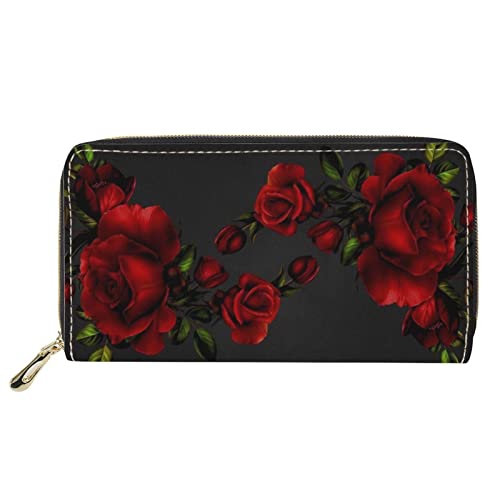 FJQWKLF Lange Damen Geldbörse Vintage Red Rose Print Geldbörse Handy Geldbörse PU Leder Clutch von FJQWKLF
