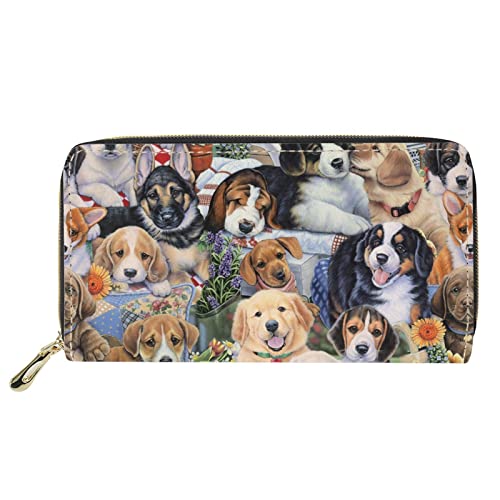 FJQWKLF Lange Geldbörse aus Leder für Damen und Mädchen, niedliche Hunde drucken schmale Kartenhalter-Geldbörse, leichte, tragbare Handtasche mit Reißverschluss um die Unterarmtasche von FJQWKLF