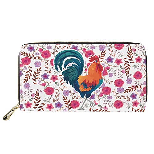 FJQWKLF Lange Reisegeldbörse niedlicher Hahn Blumendruck Frauen Leder Reißverschluss um Kartenetui multifunktionale Kupplung von FJQWKLF