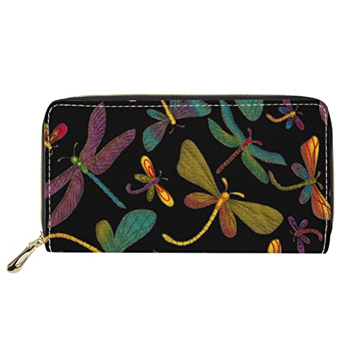 FJQWKLF Leder-Clutch-Brieftasche mit umlaufendem Reißverschluss, buntes Libellenmuster, Lange Geldbörse für Damen und Damen von FJQWKLF
