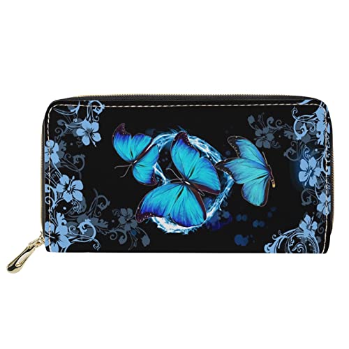 FJQWKLF Leder Frauen Brieftasche Lange Geldbörse Blau Schmetterling Blumendruck Telefon Handtasche Damen Clutch Bag von FJQWKLF