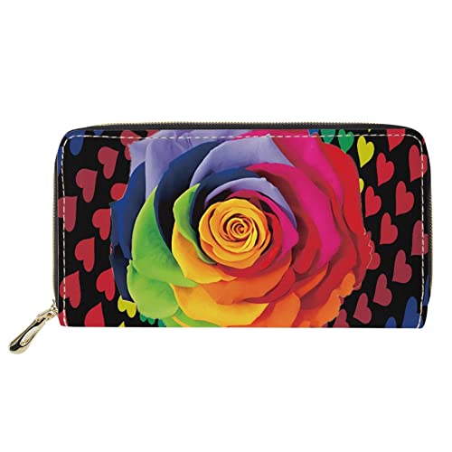 FJQWKLF Leder Geldbörse für Frauen Mädchen Regenbogen Rosen Blumenmuster Reißverschluss Münzkartenhalter Kleine Handtaschen von FJQWKLF