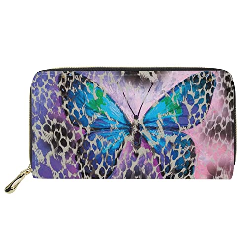 FJQWKLF Leder Geldbörsen Damen Lady Lange Geldbörse Clutch Bag Mädchen Reisen Outdoor Wallet Print Blue Butterfly Leopard von FJQWKLF