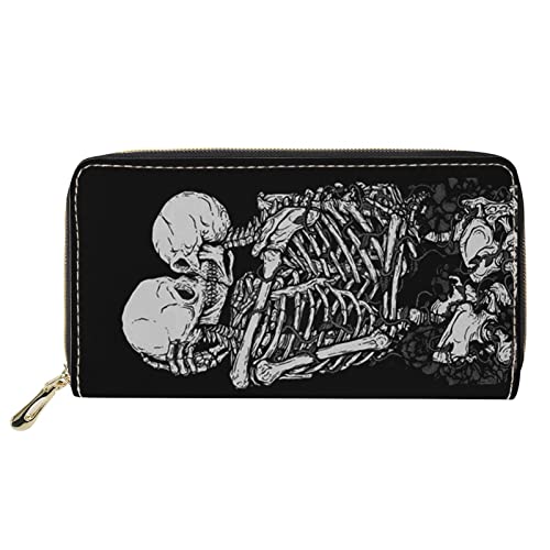 FJQWKLF Leder-RFID-Reißverschluss-Geldbörse Paar Skeleton Kiss Print Damengeldbörse Lange Geldbeutel Leichte Handtaschen von FJQWKLF