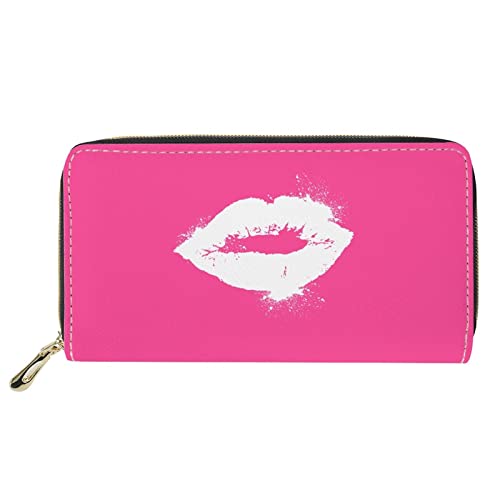 FJQWKLF Leder-Reißverschluss-Clutch-Geldbörse für Damen Mädchen Pink Lips Sweet Kiss Print Multifunktions-einfache Geldbörse Geschenk von FJQWKLF