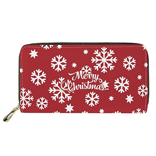 FJQWKLF Ledergeldbörsen für Damen Lady Wallet Zipper Geldbörse Coin Pocket Clutch Print Merry Christmas Snowflake Red von FJQWKLF