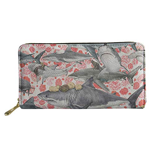 FJQWKLF Megalodon Shark Cat Flower Animal Floral Long Wallet Mädchen PU-Leder-Geldbörse mit Reißverschluss Reisetasche Geschenk für Frauen von FJQWKLF