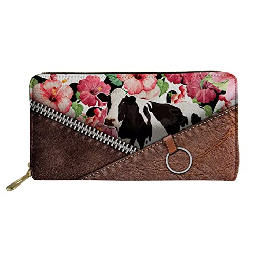 FJQWKLF Milchkuh-Blumendruck-Frauen-PU-Leder-Lange Geldbörsen-Geld-Handtasche-Damen-Reise-Geldbörse von FJQWKLF