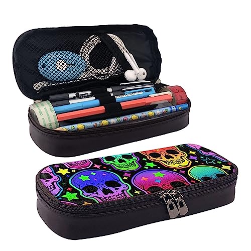 FJQWKLF Niedliche und stilvolle Stifttasche mit robustem Reißverschluss, langlebige Make-up-Tasche, Bleistiftbox für das College, kompatibel mit der Stifttasche „Neon Stars Colorful Skulls“. von FJQWKLF