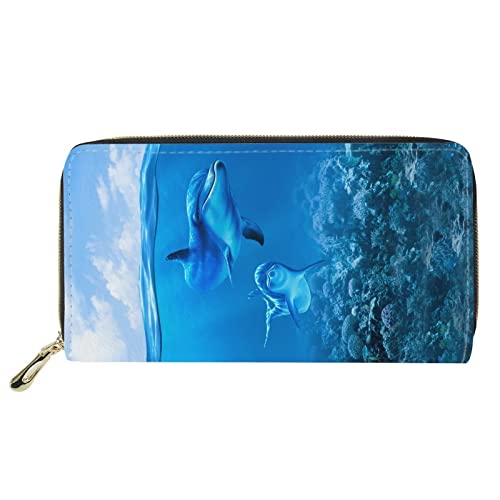 FJQWKLF Oceans Blue Dolphin Print Frauen Lange Brieftasche Reise Clutch Handtasche Multifunktions Kartenetui Reißverschluss Geldbörse von FJQWKLF