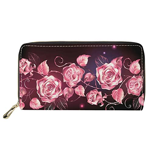 FJQWKLF Pink Rose Elegant Print Zip Around Leder Geldbörse für Damen Damen Bling Kartenhalter Tragbare Handtasche von FJQWKLF